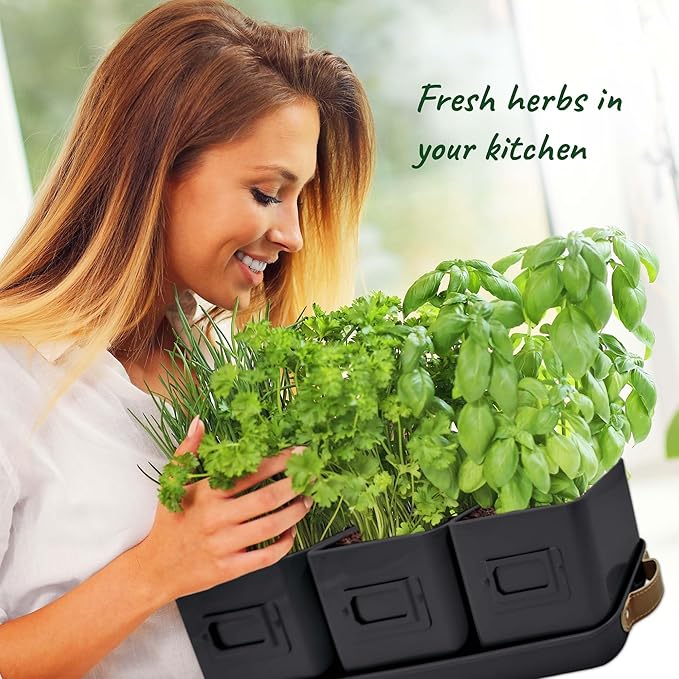 Herb Planter Indoor - Set of 3 Black Indoor Herb Garden Pots for Plants with Leather Handled Tray - Window Sill Plant Shelf - Herb Pots with Drainage Holes and Labels