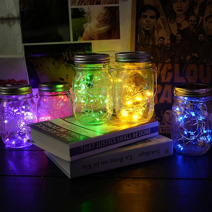 Solar Mason Jar Lid Lights, 10 Pack 30 LED Waterproof Firefly Fairy Lights with Hangers(No Jars), Outdoor Starry String Lights for Patio Yard Garden Wedding Lantern Decor (Mixed Color)