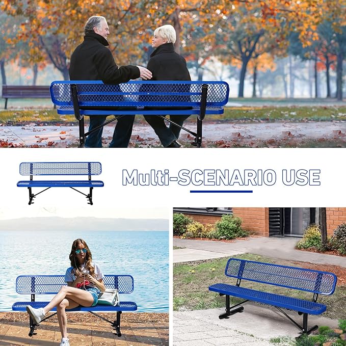 Heavy Duty Park Bench with Back Portable Frame, Outdoor Metal Park Bench with Backrest, Steel Mesh Outdoor Bench for Garden, Lawn, Patio, Porch, Park, Yard (Blue, 72.4" L x 23.2" W x 32.5" H)