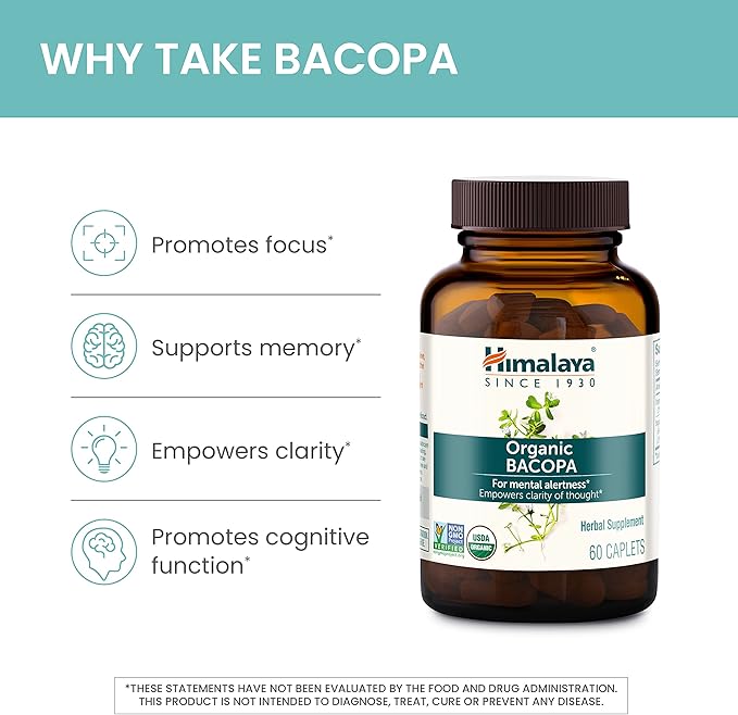 Himalaya Organic Bacopa Monnieri Nootropic Herbal 750 mg, 60 Plant-Based 2 Pack, 120 Day