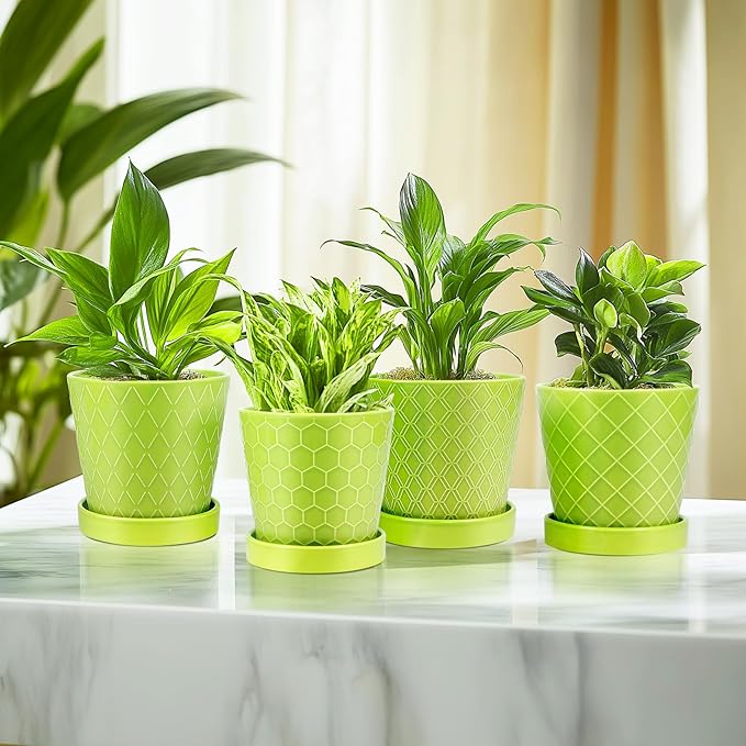 EFISPSS 5 Inch Ceramic Plant Pots Indoor, Planters with Drainage Holes and Ceramic Tray, Relief Design Flower Planter,Desktop Office Windowsill Decoration Gift Set of 4 - Green