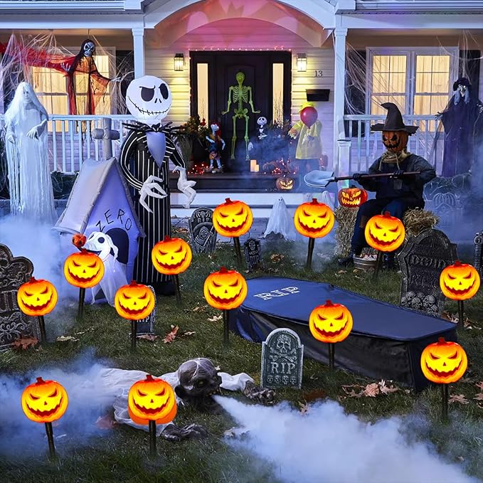 4 Pack Halloween Smiley Pumpkin Pathway Lights, 7Ft LED Decorative Outdoor String Lights Plug in With 4 Jack O Lantern Stakes for Garden Yard Walkway Party Decor