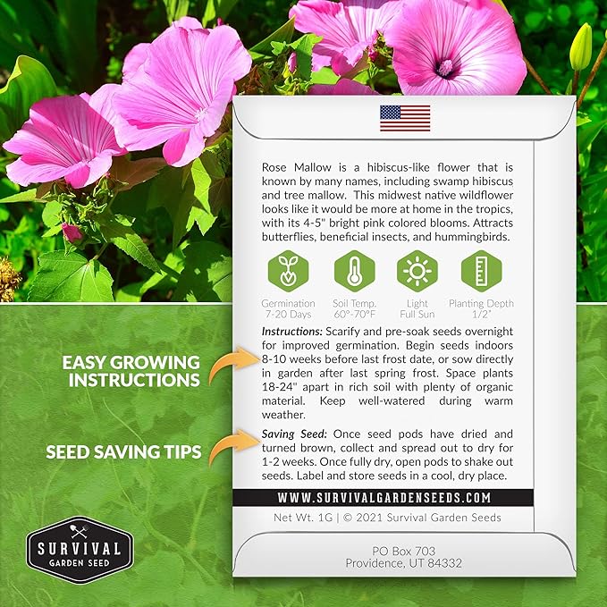 Survival Garden Seeds - Rose Mallow Seed for Planting - 3 Packs with Instructions to Plant and Grow Bright Pink Native Wildflower in Your Home Vegetable Garden - Non-GMO Heirloom Variety