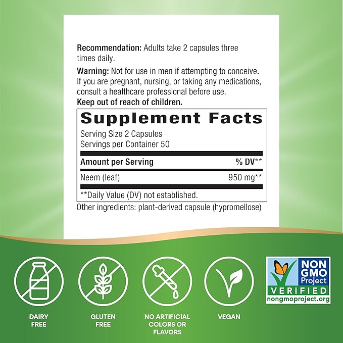 Nature's Way Herbal Neem Leaf, Traditional 950 mg 2-Capsule Serving, 100 Capsules