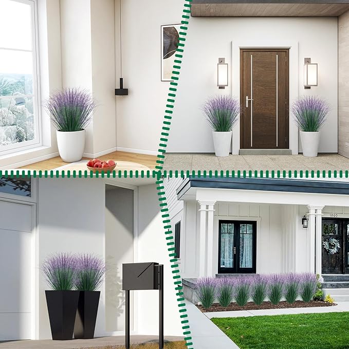 12Pcs Artificial Grass Plants, Faux Shrubs Wheat Grass, Artificial Tall Grass Fake Plants for Outdoor Decor,Artificial Greenery Stems Weed for Room Indoor Home Decor(Green Purple Tail)