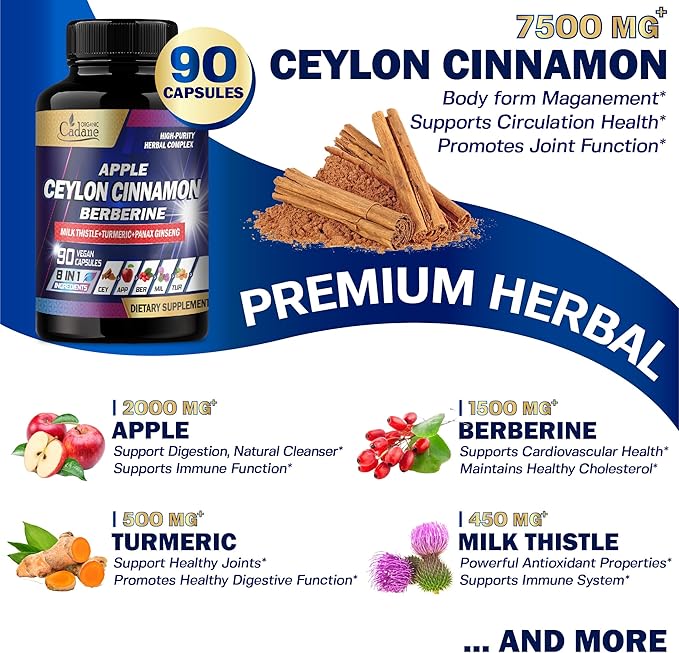 Organic Cadane Ceylon Cinnamon 7500mg Berberine 1500mg Apple 2000mg - 90 Vegan 8 Herbs 3 Month