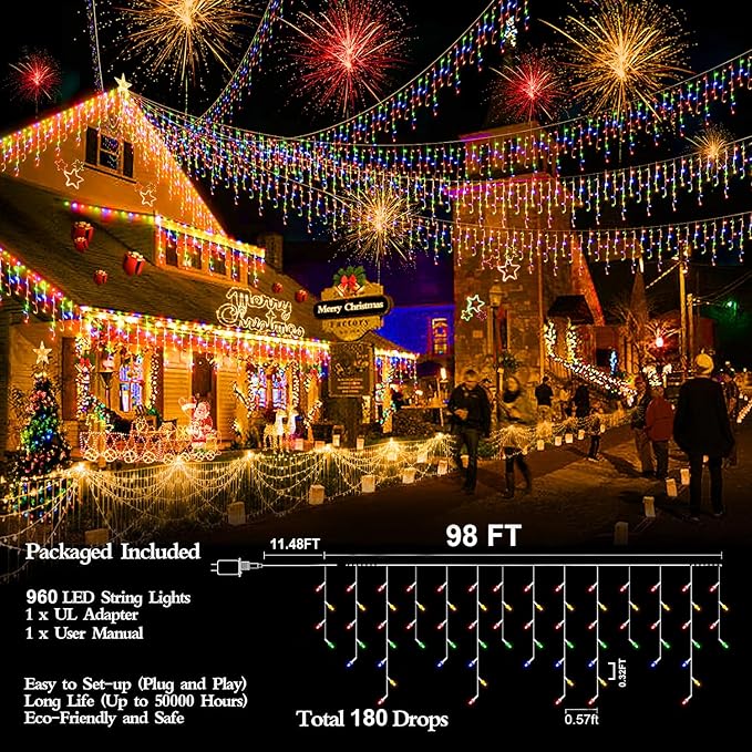 98FT 960LED Christmas Lights Waterproof 8 Modes Christmas Lights Outdoor Decoration with Memory and Timer Hanging Fairy Lights Plug-in Curtain String Lights for Holiday Party Wedding Home Roof