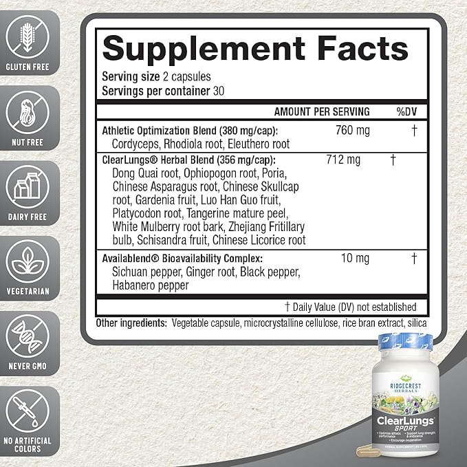Ridgecrest Herbals ClearLungs Sport, Oxygen Intake (60 Vegan 30 Serv)