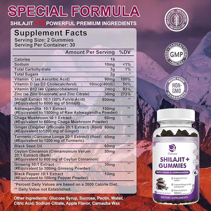 (2 Pack) Shilajit Gummies, Pure Himalayan D3 B12 B12 &