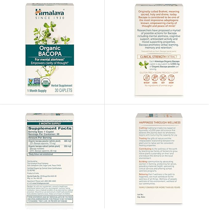 Himalaya Organic Bacopa Monnieri Nootropic Herbal 750 mg, 30 Plant-Based 30 Day