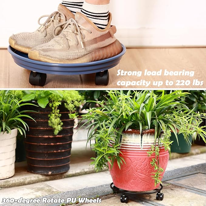 4 Packs Plastic Plant Caddy with Wheels 11.8" Plastic Rolling Plant Stands Heavy-Duty Plant Dolly with Casters Indoor and Outdoor Plant Roller Base Wheels, Blue