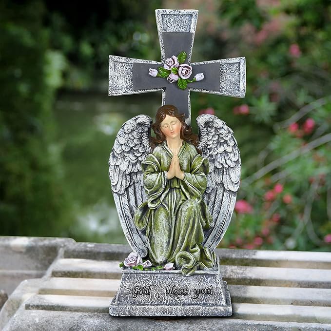 Yiosax-Solar Angels for Cemetery-Garden Statue Lights Decor - Before The Cross on One Knee Wings Praying Angel Figurine Bless You Cemetery Patio Lawn Yard Porch Decorations