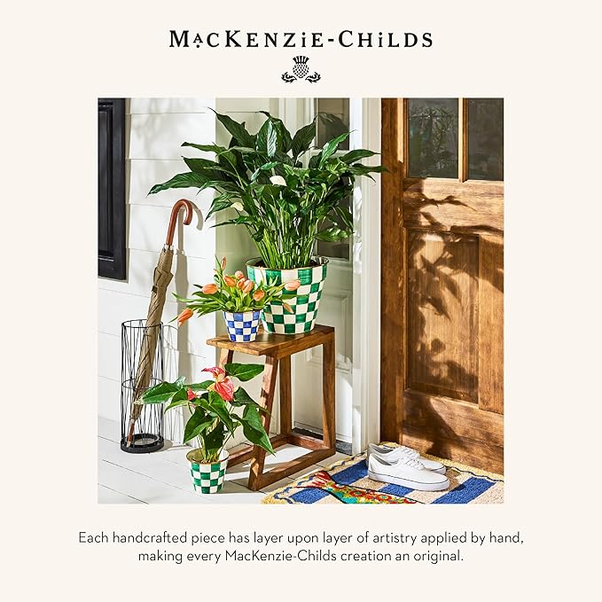 MACKENZIE-CHILDS Enamel Garden Pot, Decorative Pot for Plants, Outdoor Flowerpot Decor, Extra Large, Green-and-White Emerald Check