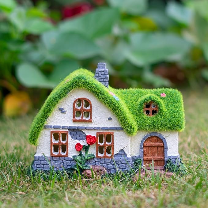 Solar Fairy House Garden Statue with Flocked Decor - Outdoor Garden Cottage Figurine with Lights, Figurine for Outdoor Patio Lawn Porch Garden Decorations