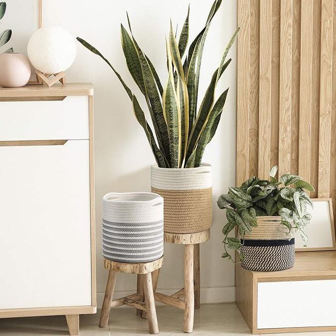 TIMEYARD Jute Rope Plant Basket Small Woven Storage Basket for Up to 7" Planter, 8" x 8" Decorative Plant Pot Cover Woven Planter Basket Laundry Basket with Handles Modern Home Décor