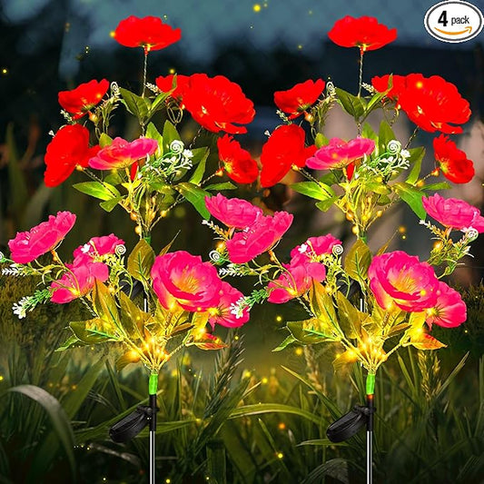 Neporal Solar Flowers Outdoor Waterproof Camellia,4PK Decorative Garden Lights Solar Powered Dusk to Dawn, 7-Stem, 2 Lighting Modes Plants Lights for Yard, Backyard, Porch (Pink+Red)
