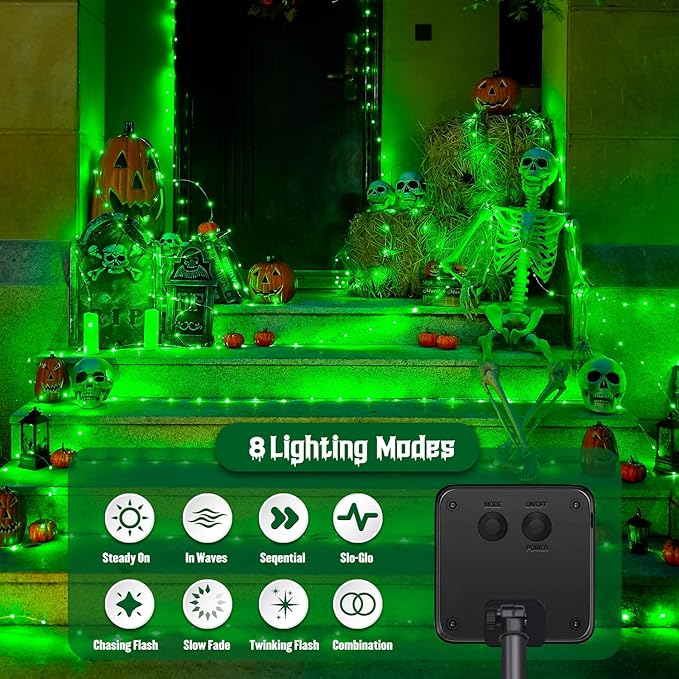 JMEXSUSS 2 Pack Green Solar Halloween Lights Each 66ft 200 LED Green Solar Lights Outdoor, 8 Modes Copper Wire Solar Fairy Lights for Garden Yard Patio Christmas Halloween Decorations