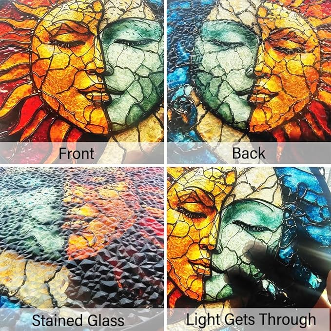 Sun and Moon Decor Suncatcher Stained Glass Window Hanging - Wall Art Stained Glass Suncatchers for Windows Hanging - Home Sun Catchers Indoor Window with Chain - Celestial Decor Gifts for Women Mom
