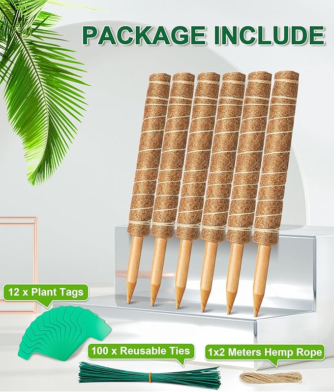 EAONE Moss Pole 126 Inch, 6 Pack 21" Monstera Plant Support for Climbing Potted Live Plants Indoor, Stackable Coco Coir Moss Sticks Monstera Stakes for Pothos Philodendron, with Garden Labels & Ties