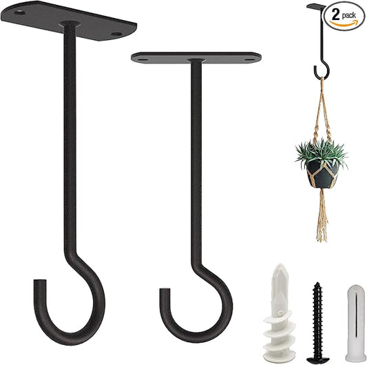 NACETURE Plant Ceiling Hooks Hanging Basket 2 Pack - Hanging Plant Hooks Indoor Wall Hanger for Decorative Home, Kitchen, Wreath Hangers for Fall Porch Decor (5" Black 2 Pack)