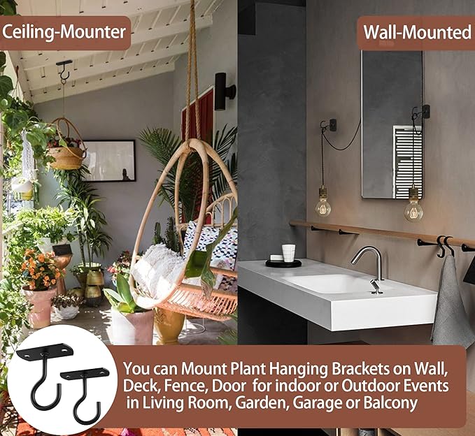 Ceiling Hooks for Hanging Plants 4Pack 2.5in,Wall Mount Hangers Plant Hooks,Wall Hooks for Plants,Lights,Planters,Lanterns,Hanging Bird Feeders,Wind Chimes,indoor&Outdoor Decoration Hooks Black