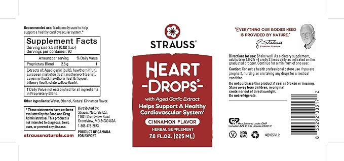 Strauss Naturals Heartdrops, Herbal Heart Supplements 7.6 fl (225ml) Bottle,