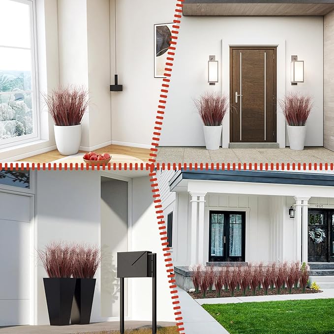 12Pcs Artificial Grass Plants, Faux Shrubs Wheat Grass, Artificial Tall Grasses Fake Plants for Outdoor Decor,Artificial Greenery Stems Weed for Room Indoor Home Decor(Red)