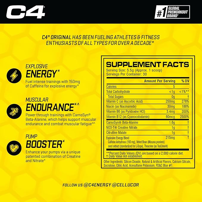 Cellucor C4 Original Pre Workout Powder Frozen Bombsicle Sugar Free Preworkout Energy for Men & Women 150mg Caffeine + Beta Alanine + Creatine - 30 Servings (Packaging May Vary)