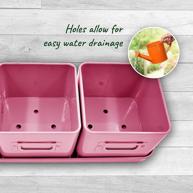 Herb Planter Indoor - Set of 3 Pink Indoor Herb Garden Pots for Plants with Leather Handled Tray - Window Sill Plant Shelf - Herb Pots with Drainage Holes and Labels