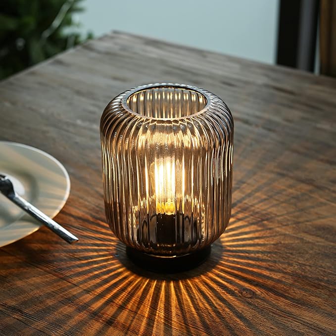 Battery Operated Lamp, Cordless Table Lamps Battery Powered Bedside Small Lamp with LED Bulb, Decorative Glass Lamp for Bedroom Living Room Home Decor-Light Grey