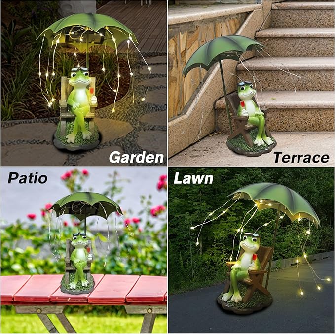 Solar Garden Frog Decor Statue Fairy Garden Accessories Outdoor Figurine LED Lights Art Housewarming Gift for Patio,Yard,Lawn Ornament Women Gardening Decoration Gifts