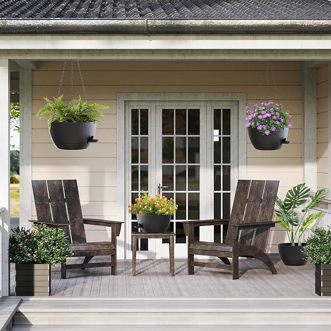 12 Inch Hanging Baskets 2 PC with Chains, Self-Watering Hanging Planters for Indoor Outdoor Plants, Plastic Hanging Flower Pots,Black