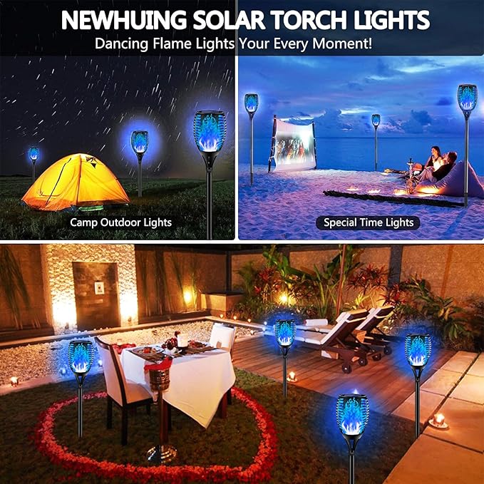 4PCs Halloween Solar Torch Lights Outdoor, 43in 96 LED, Waterproof Landscape Garden Pathway Light with Blue Vivid Dancing Flickering Flames, Auto On/Off Dusk to Dawn for Halloween Lights Decoration