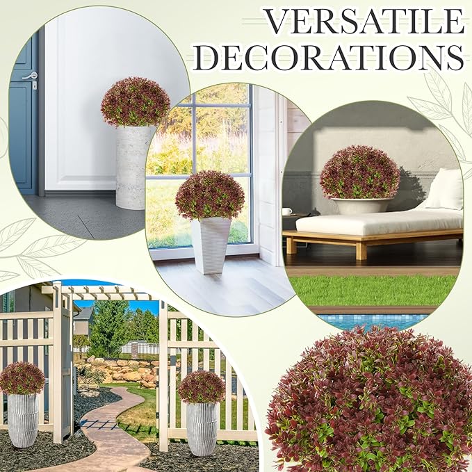 Yunlly 4 Pack 18" Artificial Boxwood Ball Bush Topiary Trees Fake Outdoor Plants, Realistic UV Resistance Faux Shrubs with Spike Greenery Topiary for Front Porch Garden Yard Patio Indoor (Dark Red)