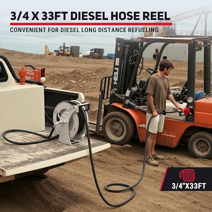 Fuel Hose Reel, 3/4" x 33FT Retractable Hose with Refueling Nozzle, 300 PSI Heavy-duty Steel Construction, Diesel Fuel Kerosene Reel Used for Aircraft Ship Vehicle Tanker Truck