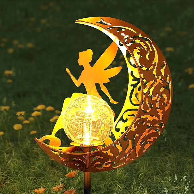 Garden Solar Lights Outdoor Decorative, Moon & Fairy Solar Stake Crackle Glass Globe, Gardening Gifts for Women, Garden Stake Lights Waterproof for Walkway, Yard, Lawn, Patio (Warm White)