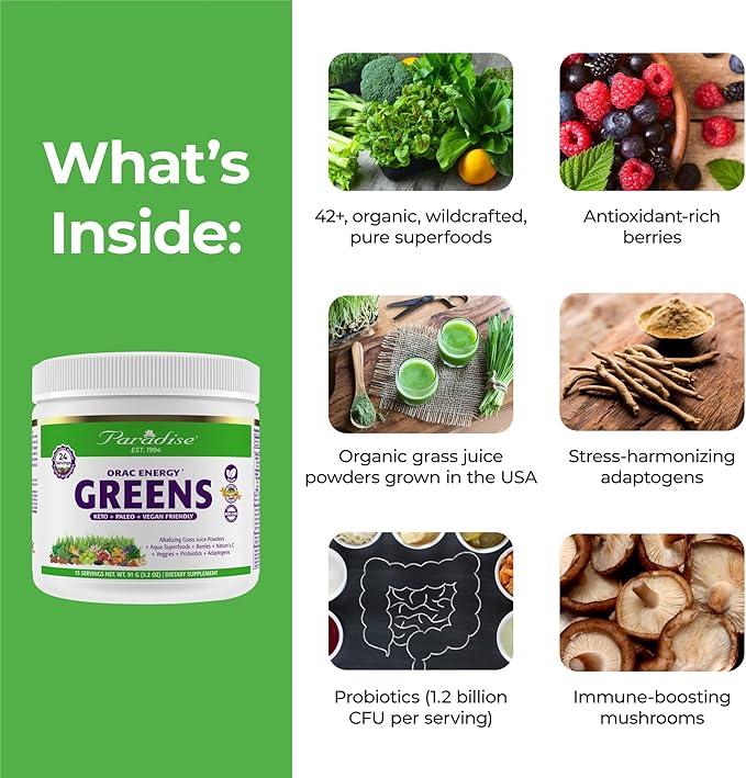 Paradise Herbs, ORAC Energy Greens Powder, 24 Servings 1 Scoop, 15 Servings