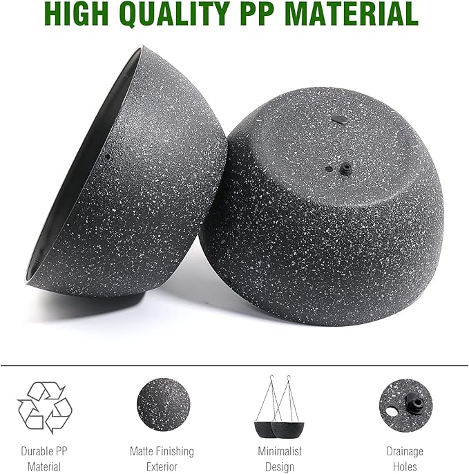 WOUSIWER 13 inch 2Pack Large Hanging Planters for Outdoor Indoor Plants with Drainage Holes and Chain, Round Hanging Flower Pots for Garden Home Porch Decor, Black Speckles