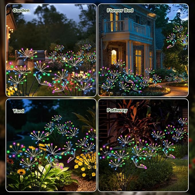 Solar Christmas Lights Outdoor Waterproof Decorative Solar Garden Lights 2 Pack 120LED Solar Firework Lights for Yard Bushes Lawn Flowerbed Xmas Decor,Christmas Gardening Gifts for Women, Multicolor