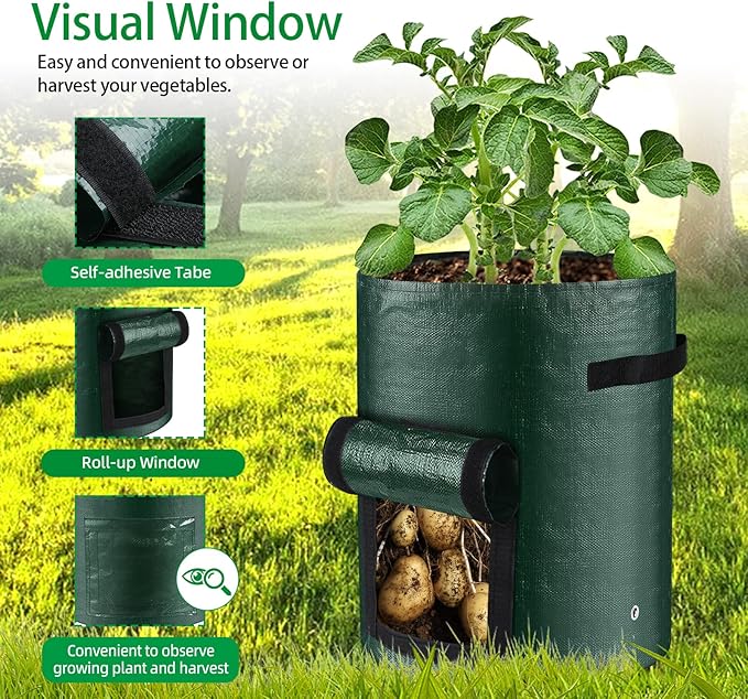 10 Gallon 3-Pack Potato Grow Bags, Heavy Duty PE Fabric Pots with Flap and Handles, Green Planter Bags for Potato Vegetables Outdoor Garden, 17.7''x13.8'' Large for All Plants Growing