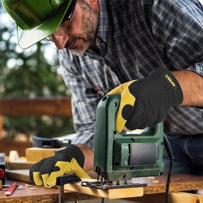 HANDLANDY Men Leather Gardening Gloves, Utility Work Gloves for Mechanics, Construction, Driver, Dexterity Breathable Design