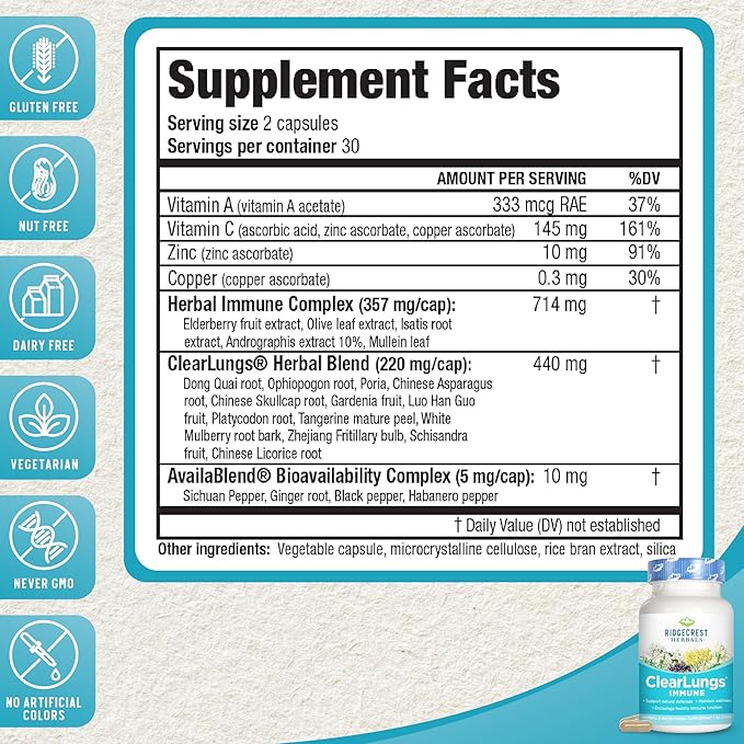 RidgeCrest Herbals ClearLungs Immune, Lung Support (60 Caps, 30 Serv)