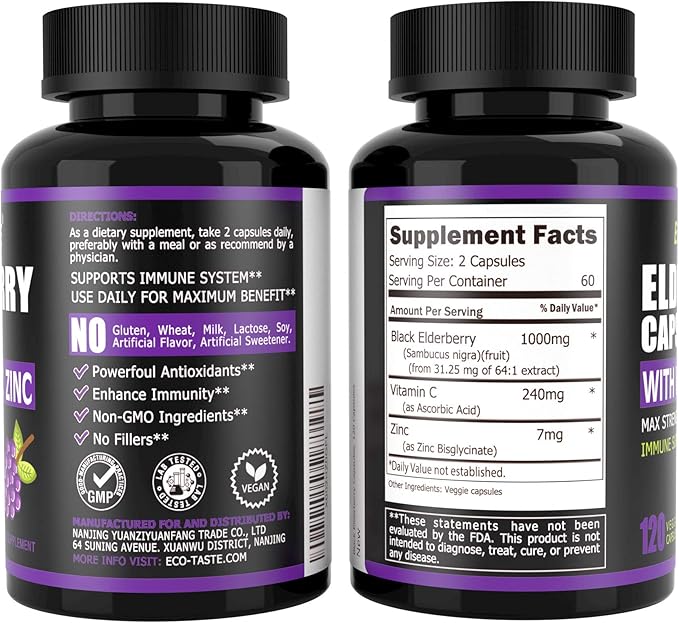 ECO-TASTE Elderberry Capsules with Zinc & 120 Capsules,