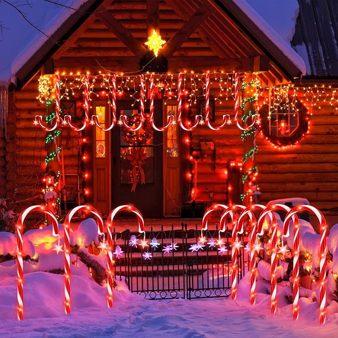 PINPON Christmas Solar Candy Cane Lights 10 Pack, 21" Pathway Markers Walkway Lights with Star, 8 Modes & 3 Timings Xmas Decorations for Outdoor Pathway Garden Yard Patio
