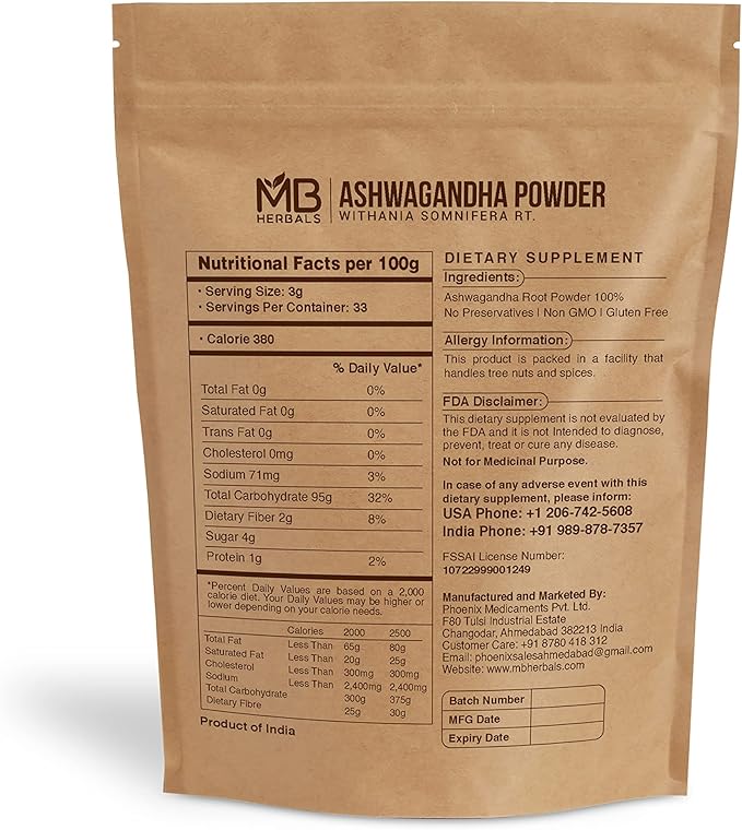 MB Herbals Pure Ashwagandha Powder 100 (3.5 oz)