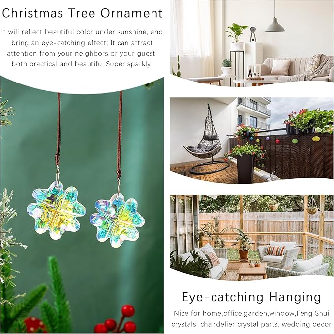HDCRYSTALGIFTS 2PCS Crystal Prisms Suncatchers for Windows Christmas Ornaments,Lucky Four Leaf Clover Rainbow Maker Hanging Prism Sun Catchers for Home Garden Decoration,45mm