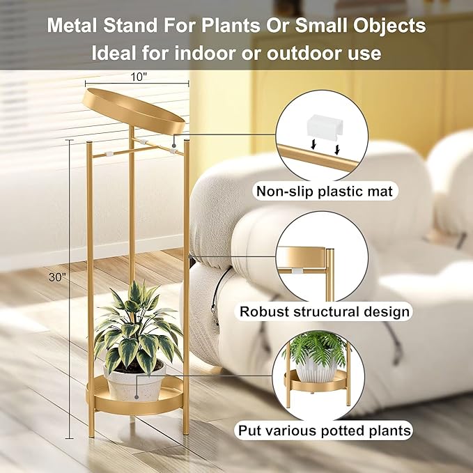 2 Tier Metal Flower Plants Holder with 2 Removable Display for Indoor or Outdoor,Pot Plant Planter Display (Gold 2P)