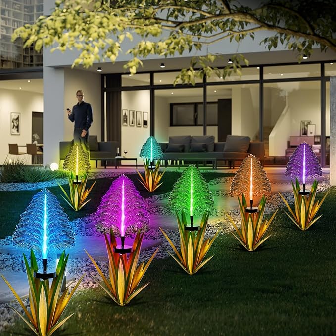 Metal Outdoor Decoration Gift Metal Agave Plants Outdoor Decor, Agave Yard Art Garden Lights Solar Outdoor, 7 Color Changing Garden Yard Pathway Xmas Decor Waterproof (1 pcs Light Green)