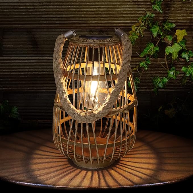 Solar Lantern Outdoor Waterproof Large Rattan Lanterns Decorative Bright Boho Lanterns Lights with Handle Rustic Hanging or Table Lamp for Fence Porch Garden Yard Wedding Decoration
