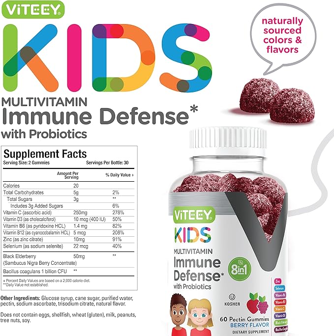 Kids Multivitamin Gummies with Probiotics 8-1 Kids D3, B12, B12, B6, B6, Zinc,